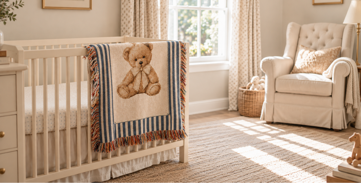 Personalized woven baby blanket with vintage teddy bear, blue stripes and custom name displayed on a nursery crib, heirloom newborn baby gift.