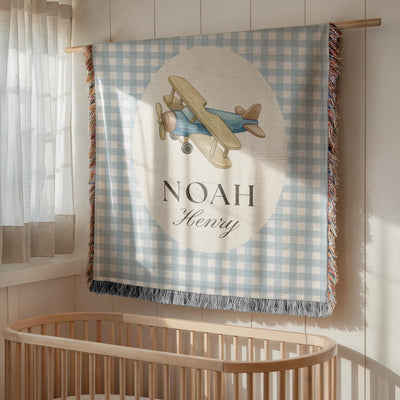 Personalized airplane baby blanket woven from 100% cotton with custom name, vintage airplane nursery blanket for baby boy