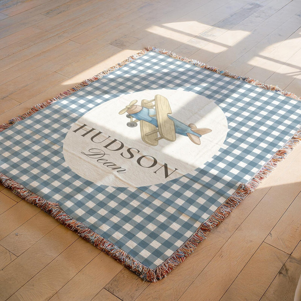 Personalized newborn gift for baby boy, custom woven airplane blanket with vintage aviation design and baby's name