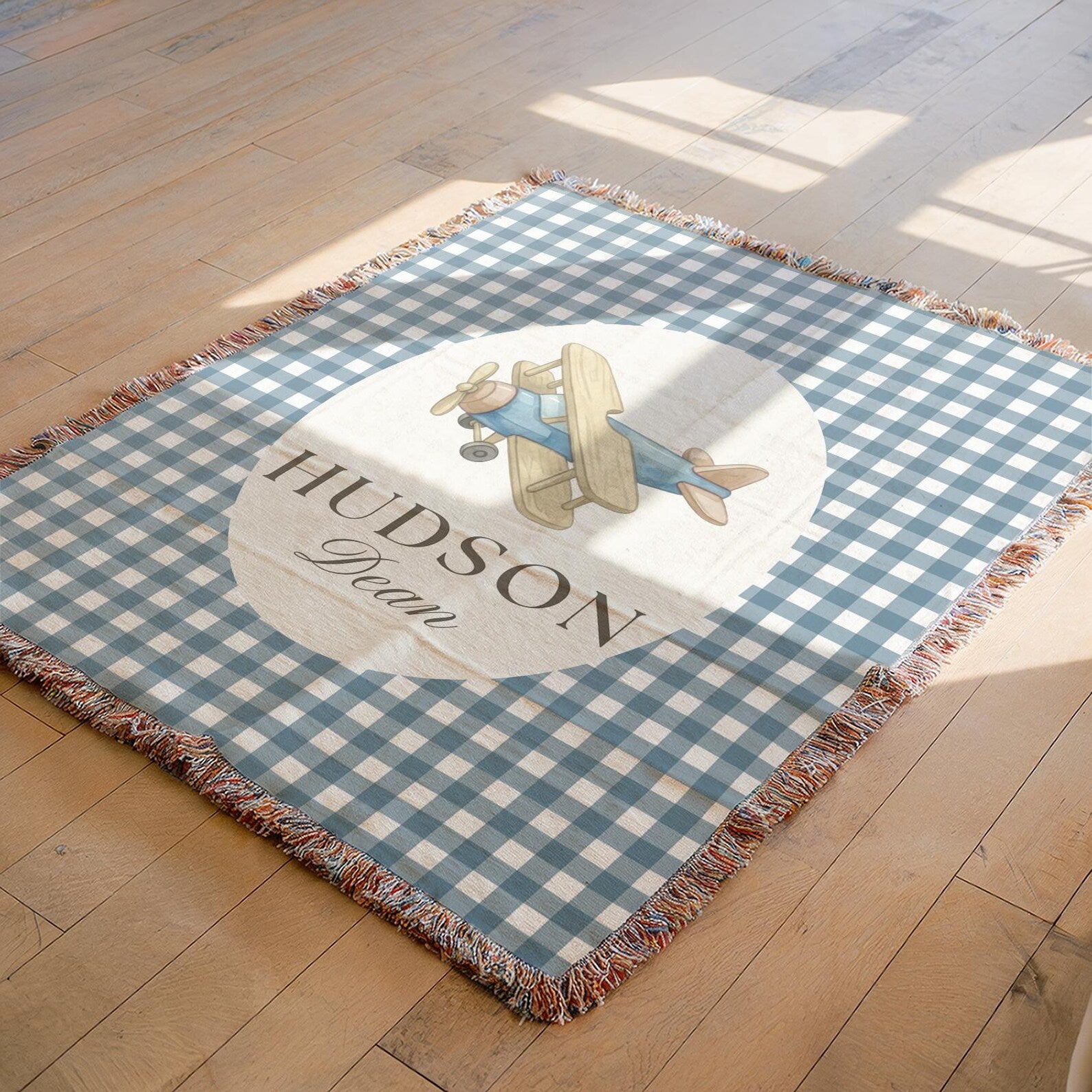 Personalized newborn gift for baby boy, custom woven airplane blanket with vintage aviation design and baby's name