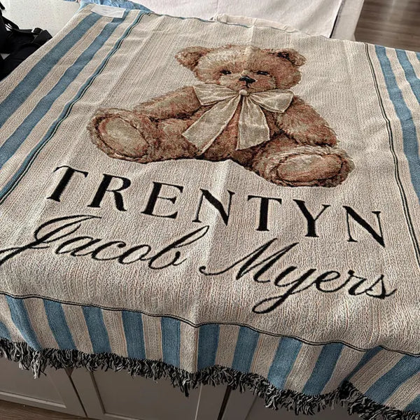 Custom Woven Teddy Bear Baby Blanket Striped Bear Blanket Personalized Bear Blanket Bear Nursery Blanket Newborn Custom Name Blanket for Boy
