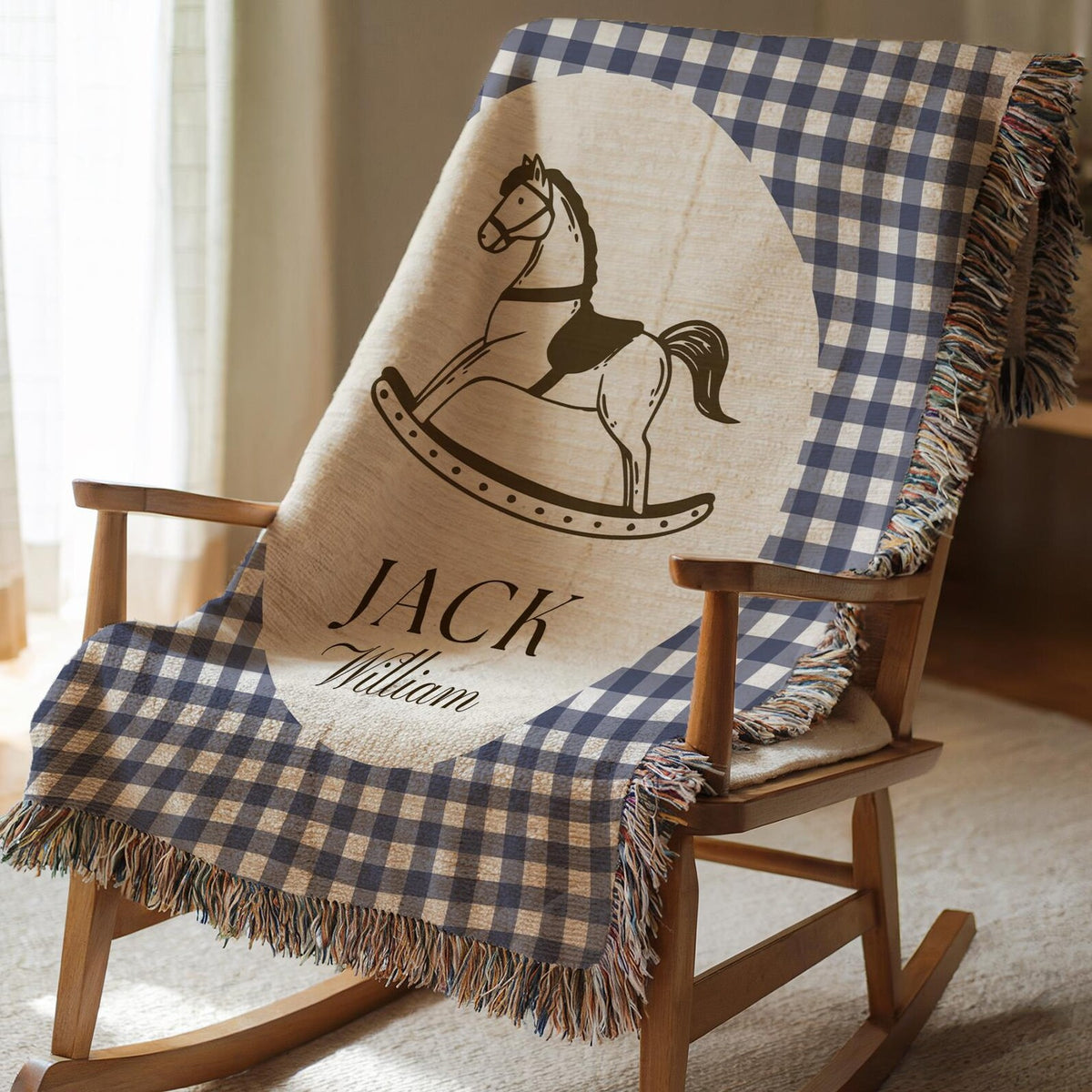 Vintage Woven Baby Blanket with Custom Name | Rocking Horse