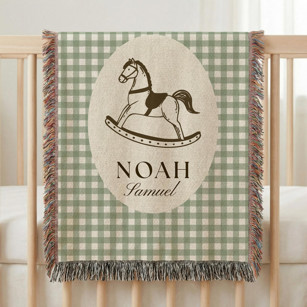 Vintage Woven Baby Blanket with Custom Name | Rocking Horse