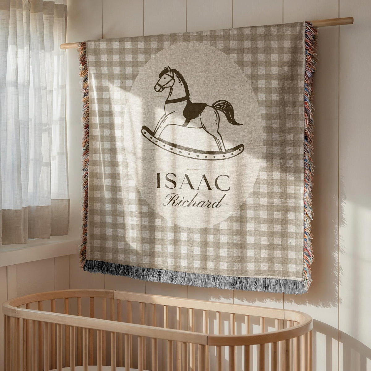 Vintage Woven Baby Blanket with Custom Name | Rocking Horse