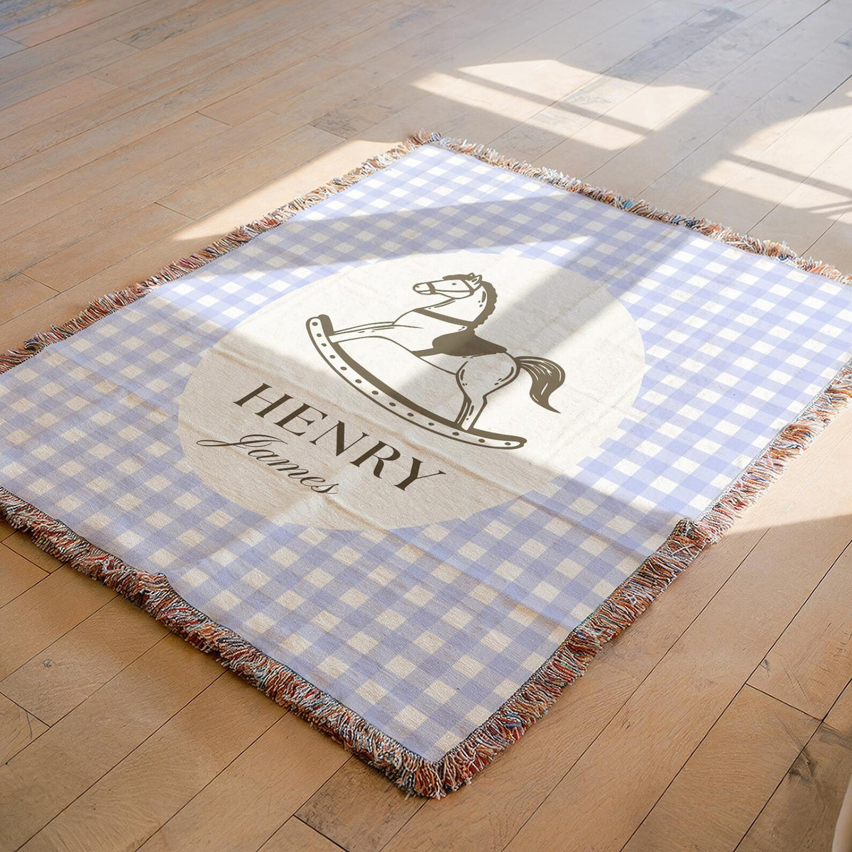 Vintage Woven Baby Blanket with Custom Name | Rocking Horse