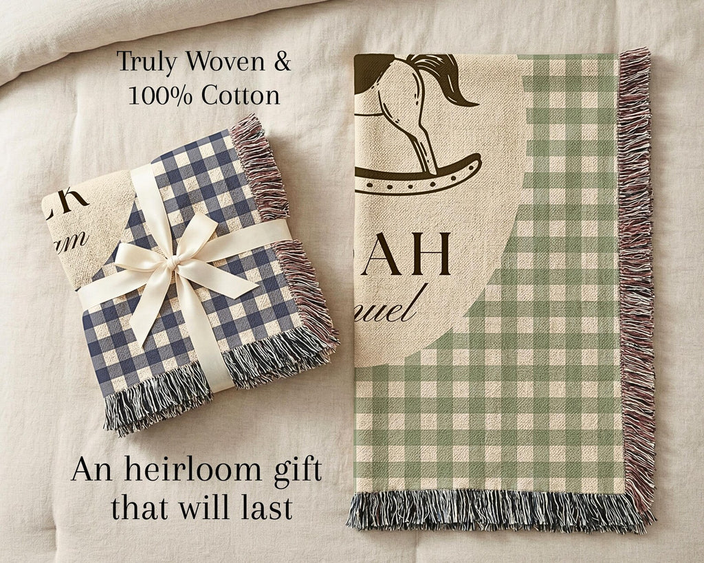 Vintage Woven Baby Blanket with Custom Name | Rocking Horse