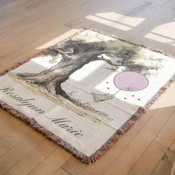 Pooh Balloon Blanket Winnie the Pooh Toddler First Birthday Blanket Pooh Throw Blanket Soft Kids Blanket Pooh Bear Woven Blanket with Name