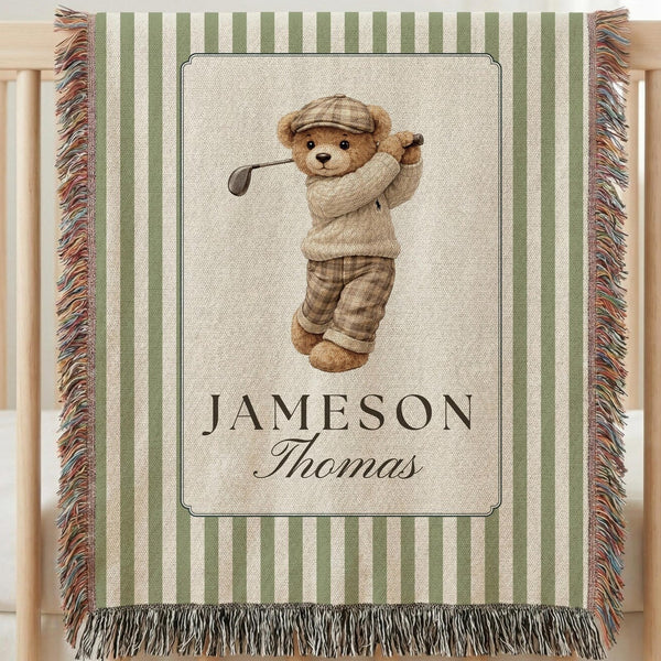 Personalized Boy Golf Nursery Blanket Sport Baby Blanket Golf Nursery Decor Newborn Custom Name Blanket Golf Baby Shower Gift Woven Blanket