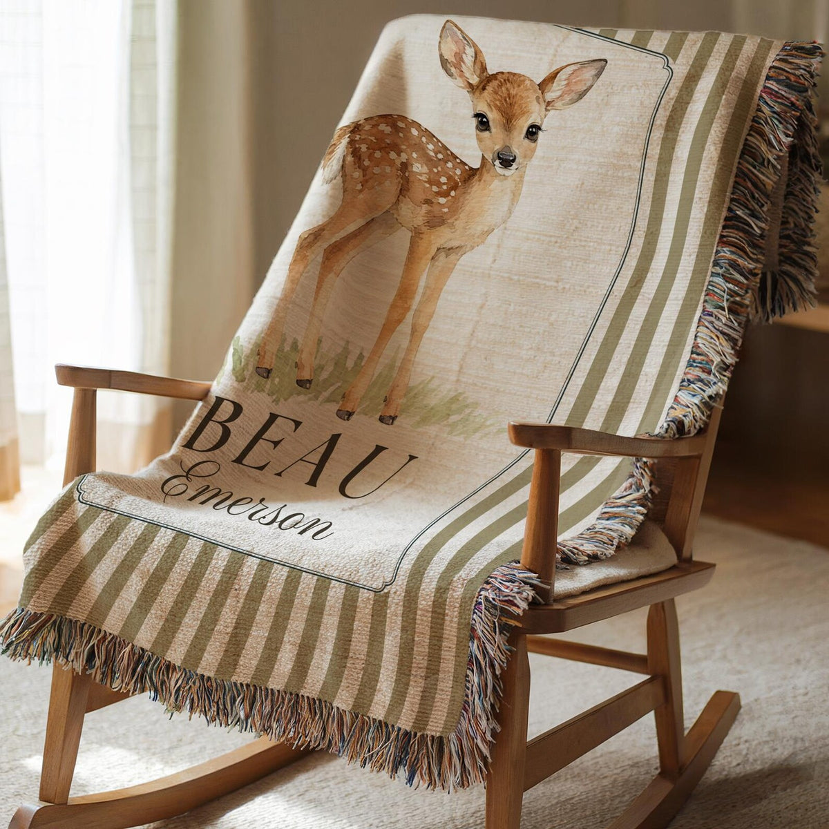 Personalized Deer Baby Blanket | Custom Name Woodland Nursery Gift
