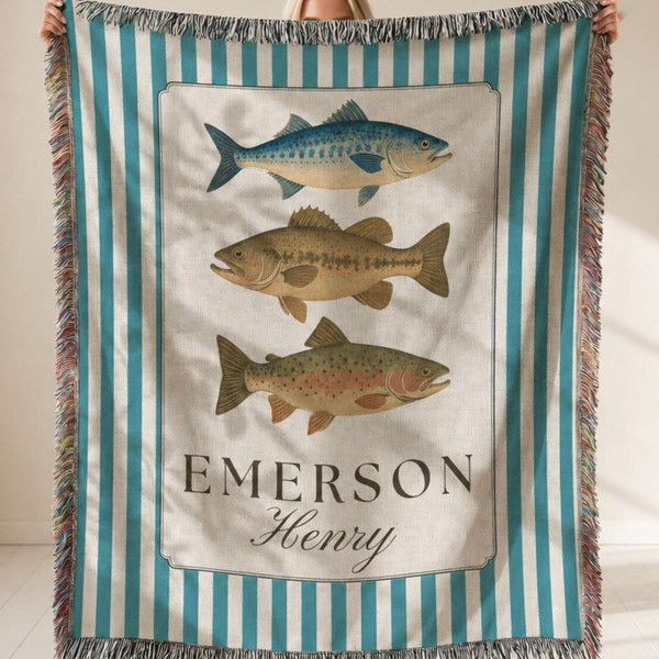Custom Woven Fishing Baby Blanket Striped Crib Blanket Personalized Outdoor Baby Blanket Fish Nursery Decor Newborn Boy Gift Fishing Theme