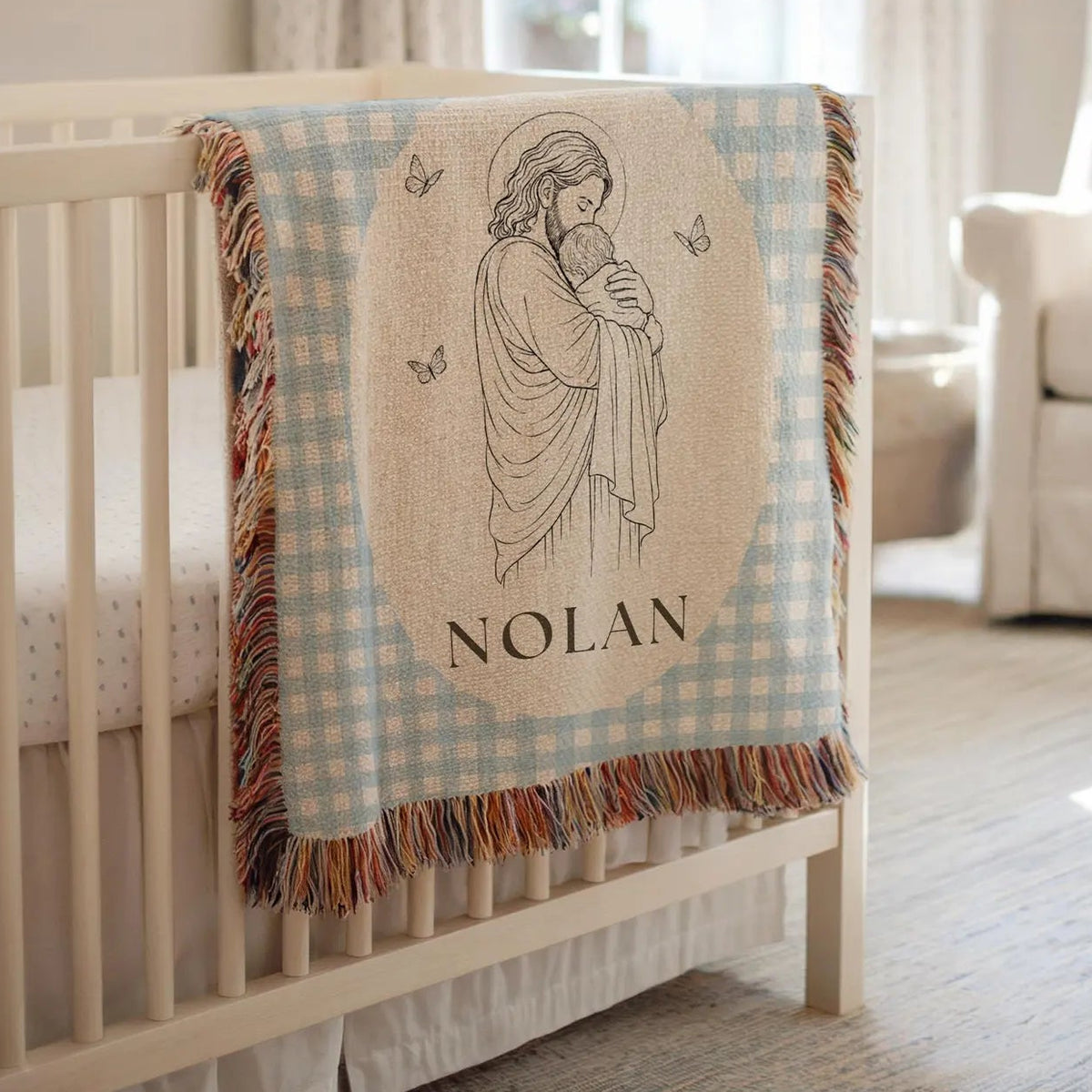 personalized toddler blanket jesus holding infant in his arms custom dedication gift for newborn baby