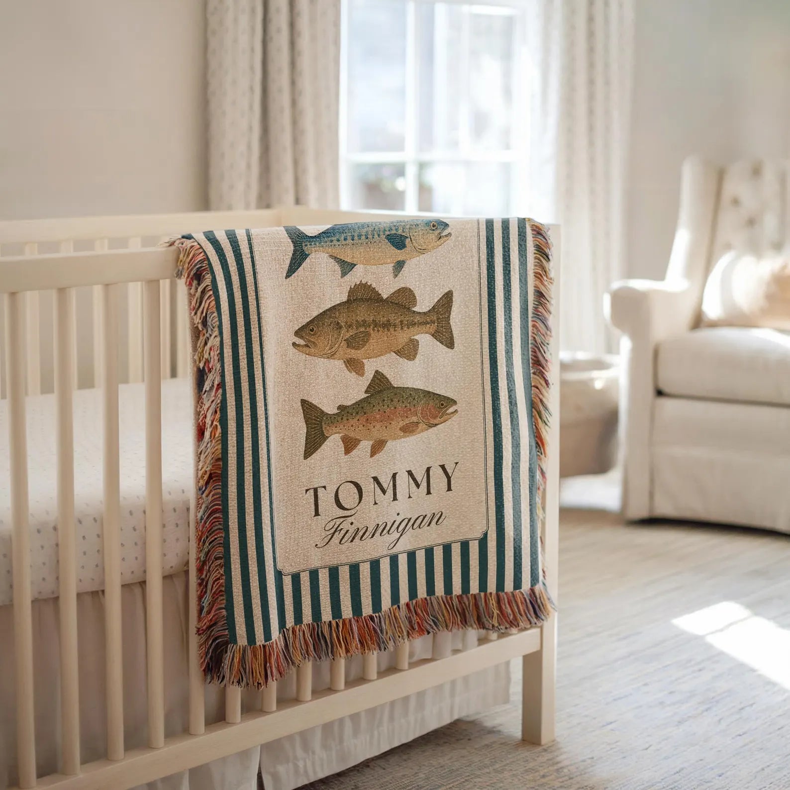 Custom Woven Fishing Baby Blanket with Stripes