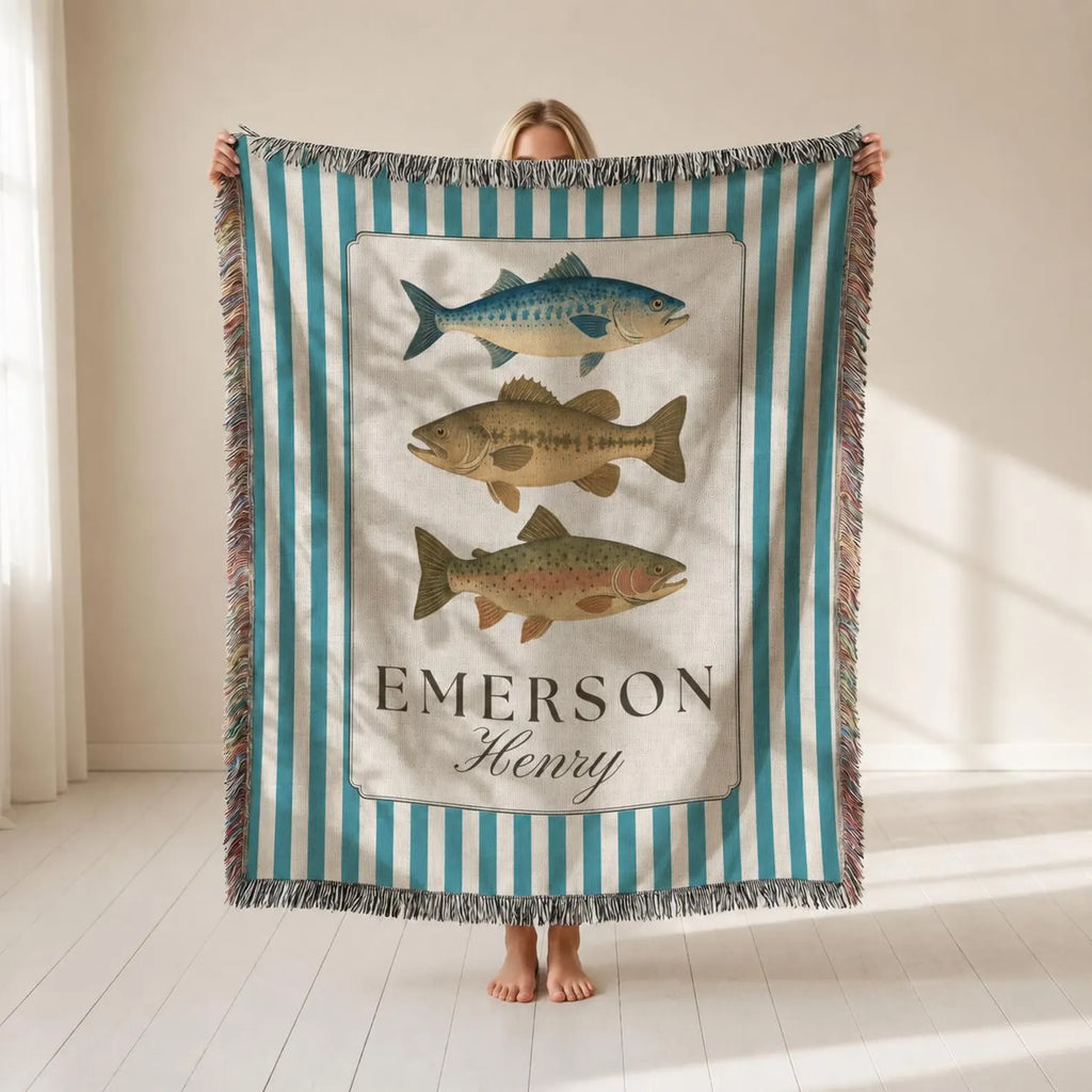 Custom Woven Fishing Baby Blanket with Stripes