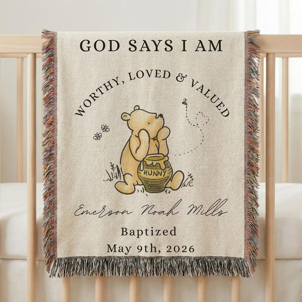 Personalized Winnie the Pooh baptism blanket woven from 100% cotton, custom baby name Christian heirloom gift for baptism or christening