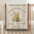 Personalized Winnie the Pooh baptism blanket woven from 100% cotton, custom baby name Christian heirloom gift for baptism or christening