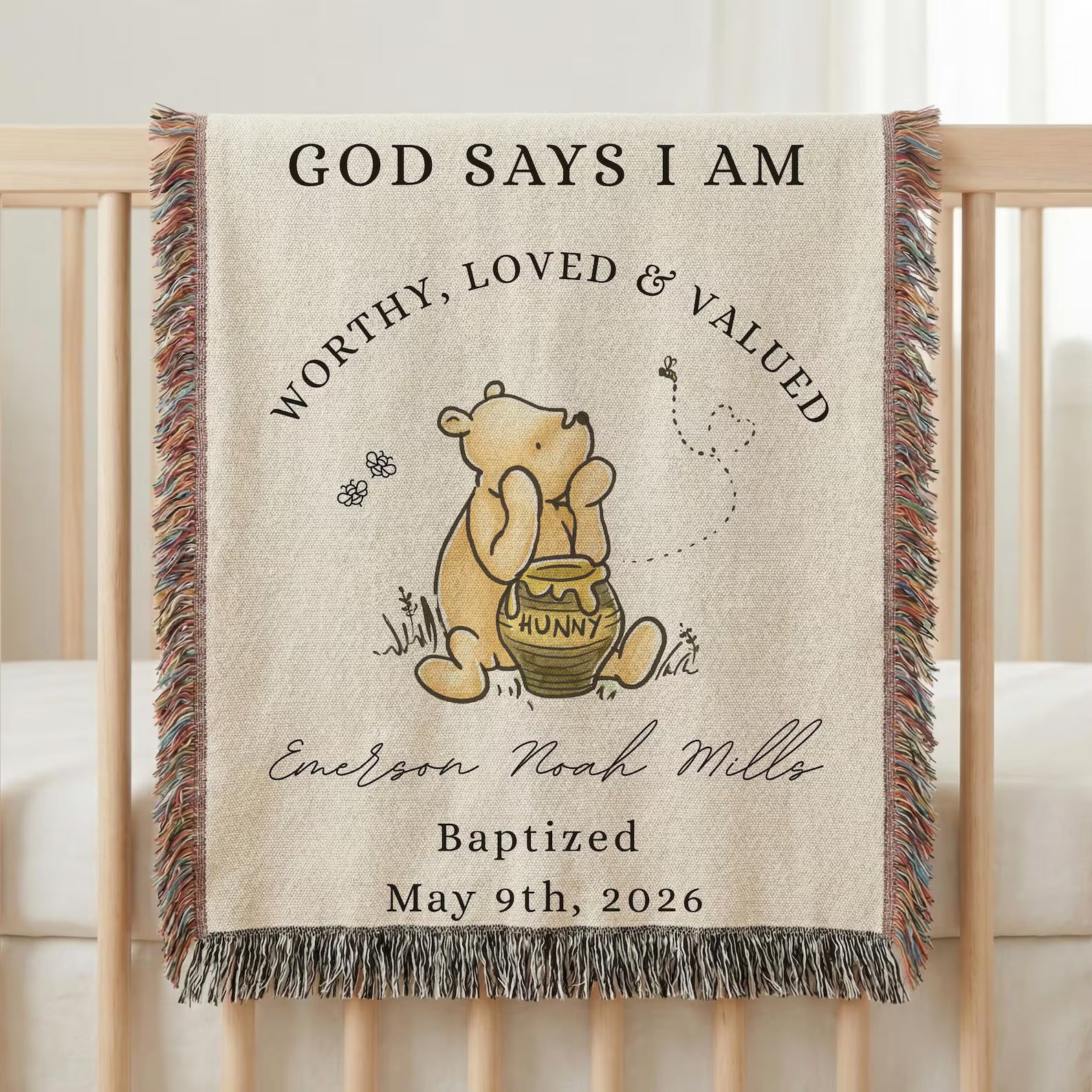 Personalized Winnie the Pooh baptism blanket woven from 100% cotton, custom baby name Christian heirloom gift for baptism or christening