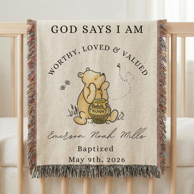 Personalized Winnie the Pooh baptism blanket woven from 100% cotton, custom baby name Christian heirloom gift for baptism or christening