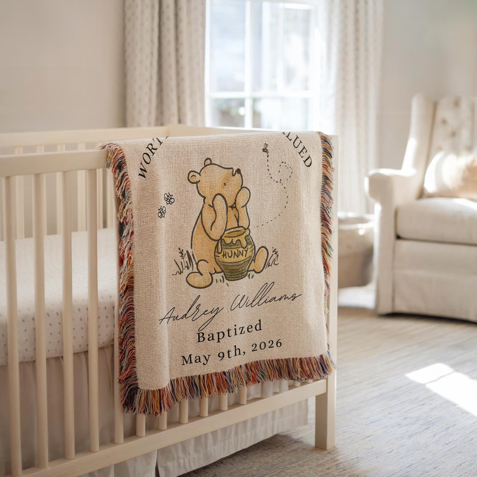 Personalized Christian baby blanket featuring Winnie the Pooh with custom baptism name and date, woven cotton nursery wall hanging