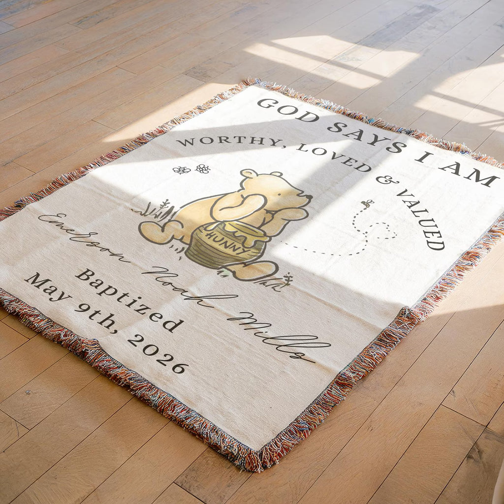 Custom Winnie the Pooh baptism blanket draped over baby crib, personalized Christian baby gift with name and baptism date