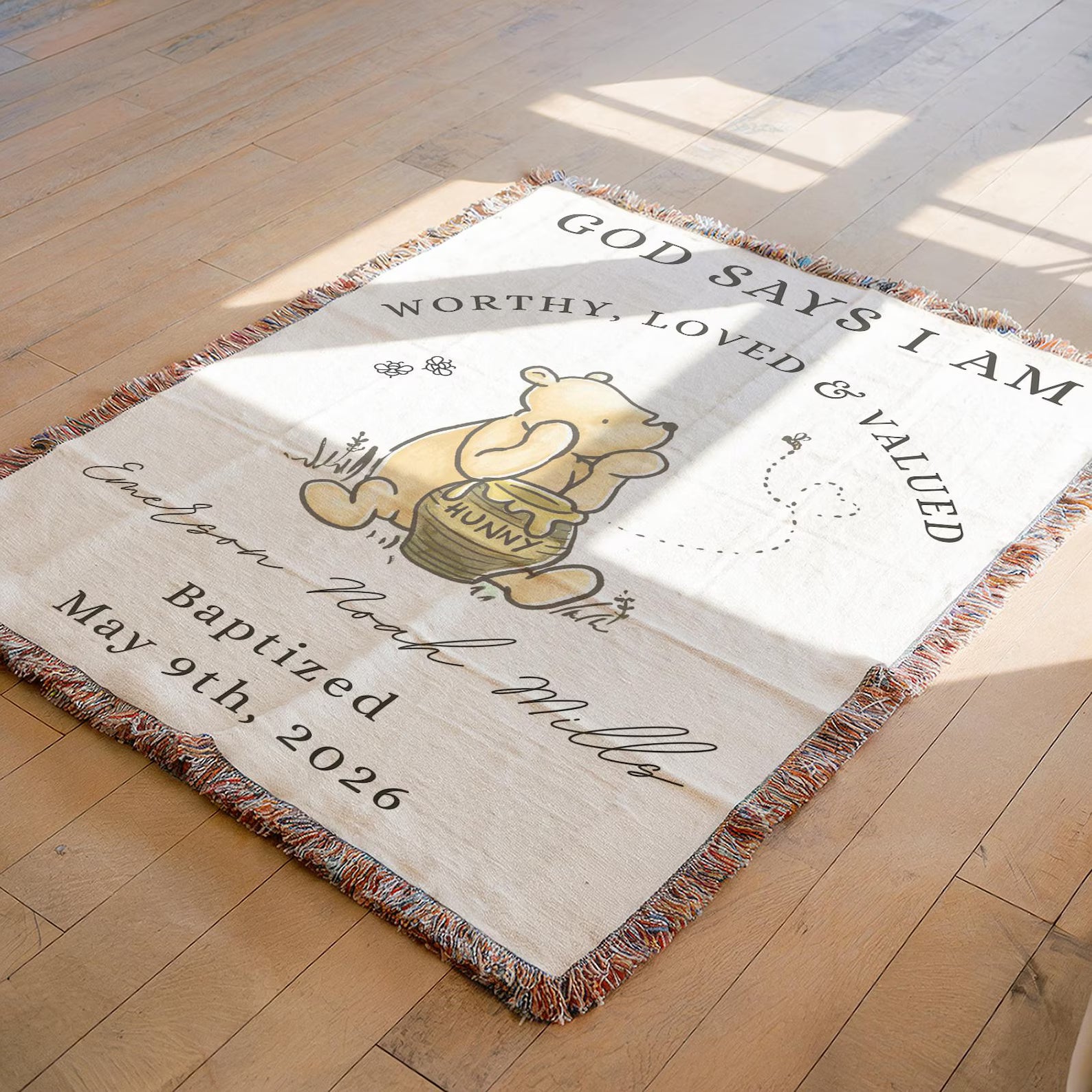 Custom Winnie the Pooh baptism blanket draped over baby crib, personalized Christian baby gift with name and baptism date