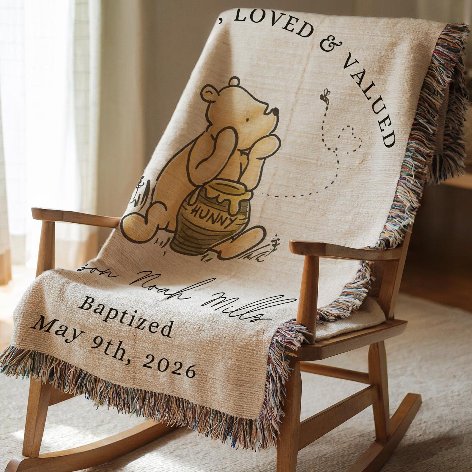 God Says I Am personalized baby blanket with Winnie the Pooh, Christian baptism gift, woven cotton keepsake for baby boy or girl