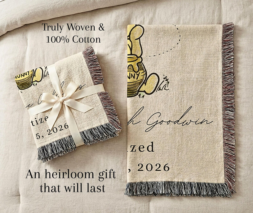 Personalized Winnie the Pooh baptism blanket for godson or goddaughter, custom Christian baby gift woven from 100% cotton