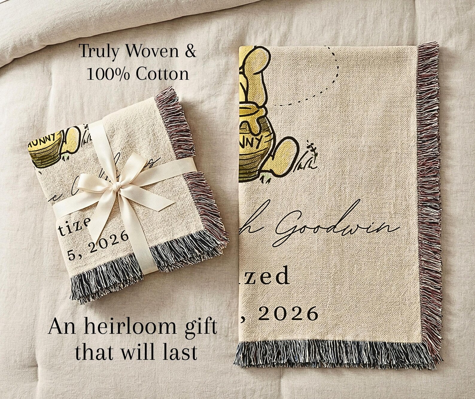 Personalized Winnie the Pooh baptism blanket for godson or goddaughter, custom Christian baby gift woven from 100% cotton
