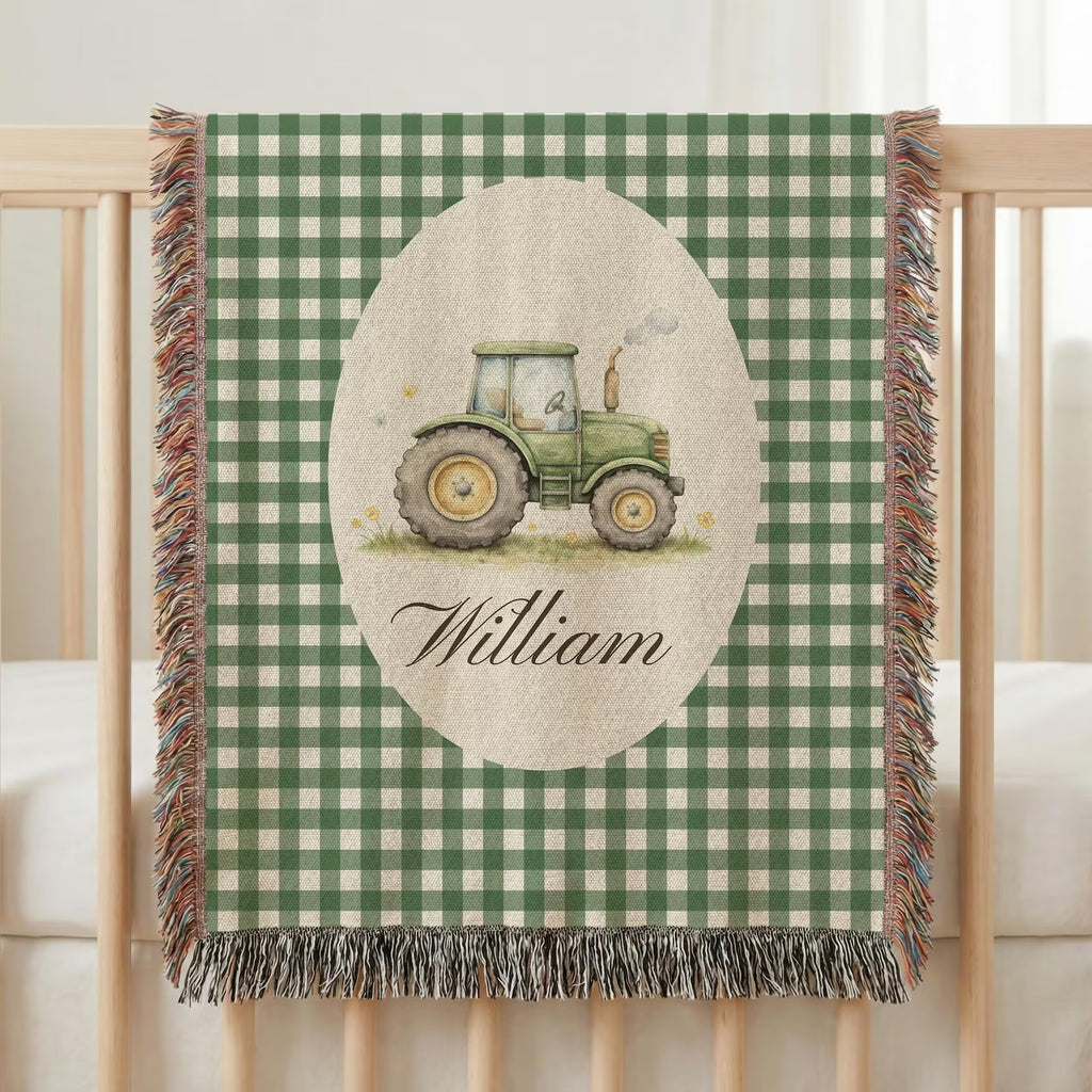 Personalized tractor baby blanket woven from 100% cotton with custom name, heirloom baby shower gift for newborn boy nursery