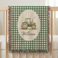 Personalized tractor baby blanket woven from 100% cotton with custom name, heirloom baby shower gift for newborn boy nursery
