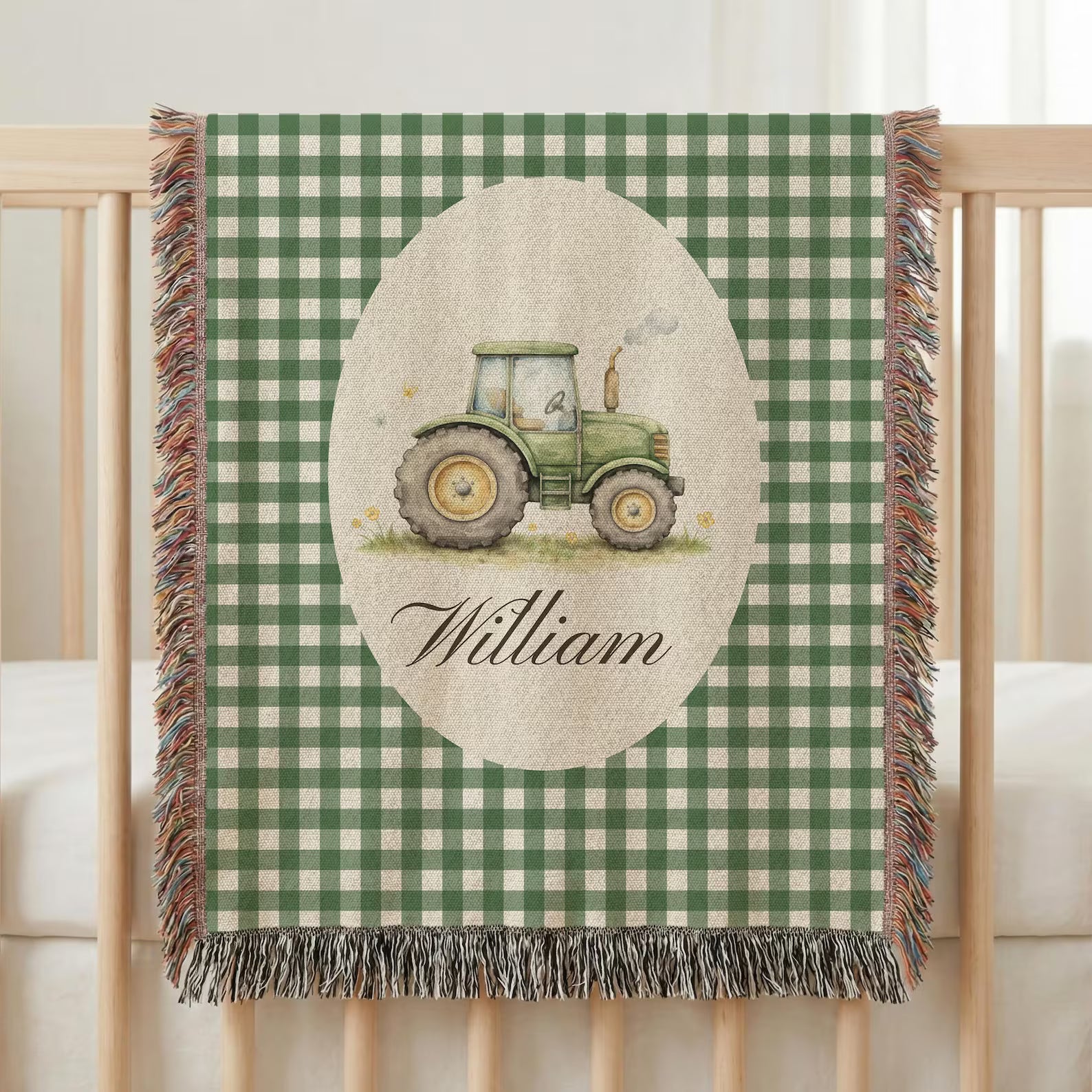 Personalized tractor baby blanket woven from 100% cotton with custom name, heirloom baby shower gift for newborn boy nursery