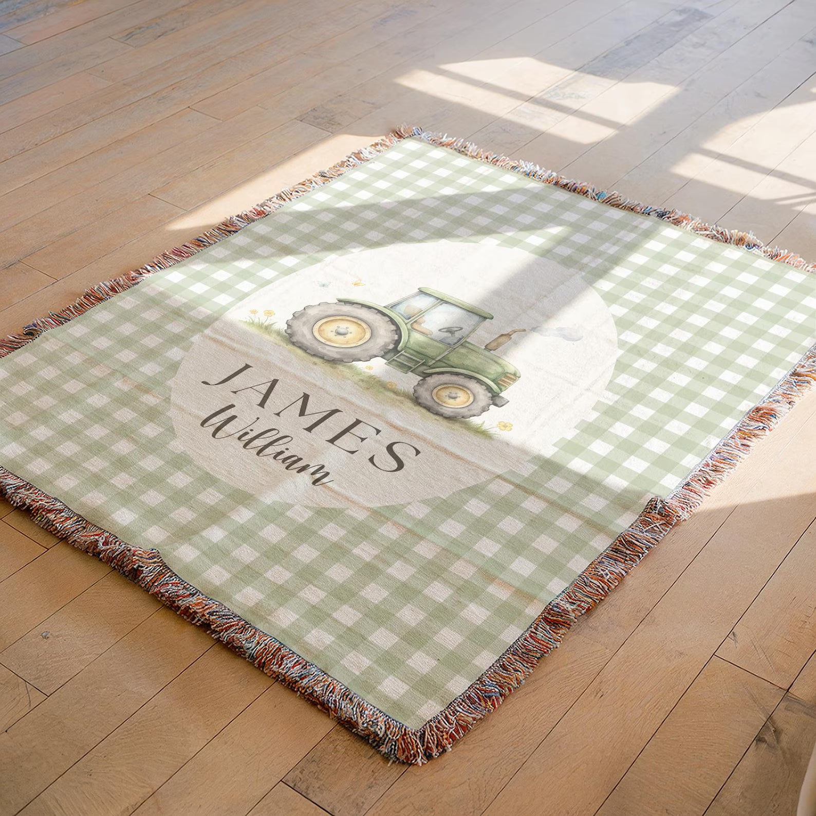 Personalized woven baby blanket with vintage green tractor and custom name, cotton nursery blanket, baby boy gift, newborn keepsake